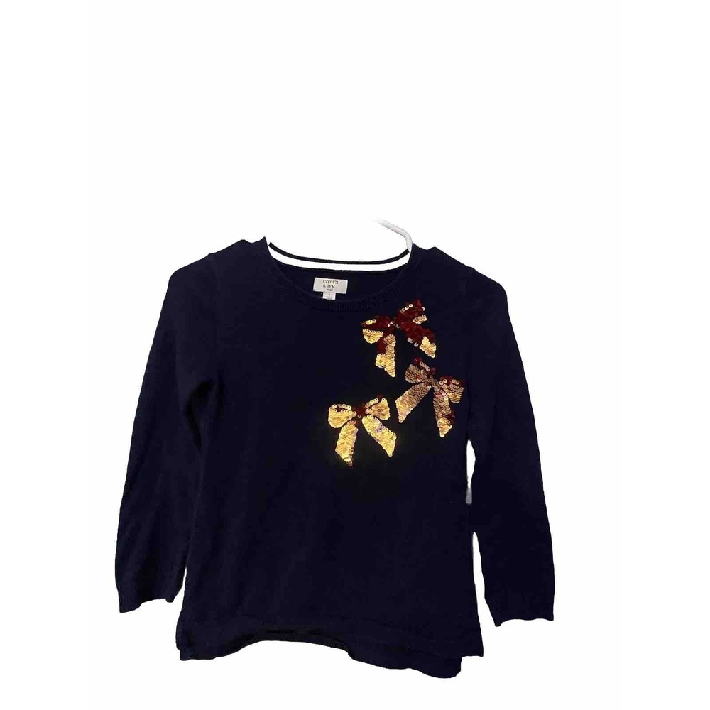 Crown & Ivy Girls S Navy Blue Sweater 100% Cotton Sequin Bow Holiday Cute